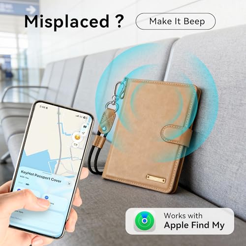 Passport Holder for Travel, Apple MFi Certified Smart Passport Cover Works with Find My, Rechargeable Travel Wallet with Lanyard, RFID Blocking Card Case, PU Leather, Brown - color: Brown, size: Find My-A