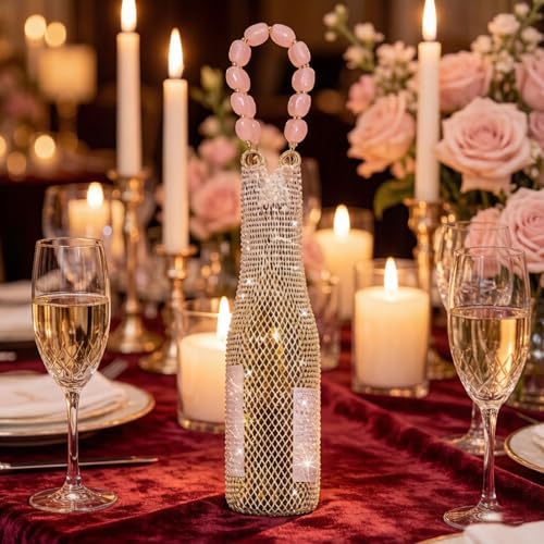 Wine Pouch Mesh Bag, Resin Handle Wine Bag, Sparkly Rhinestone Handwoven Mesh Bags, Party Water Bottle Bags Accessory, Daily Housewarming Party Use - color: Pink (1)