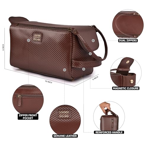 LEATHER VILLAGE Genuine Carbon Fiber Genuine Leather Travel Toiletry Bag - Large Dopp Kit, Water-Resistance Bathroom & Shaving Organizer for Men & Women - Brown - color: Carbon Brown
