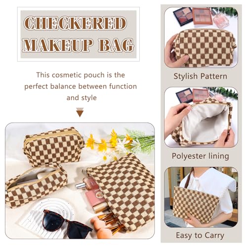 ZLFSRQ 3Pcs Checkered Makeup Bag for Women Large Small Checkered Cosmetic Bag Set Aesthetic Preppy Pencil Case Cute Pencil Pouch Brown Makeup Pouch for Purse Travel Toiletry Bags Zipper Skincare Bags - color: B-Checkered 3Pcs Mix Brown