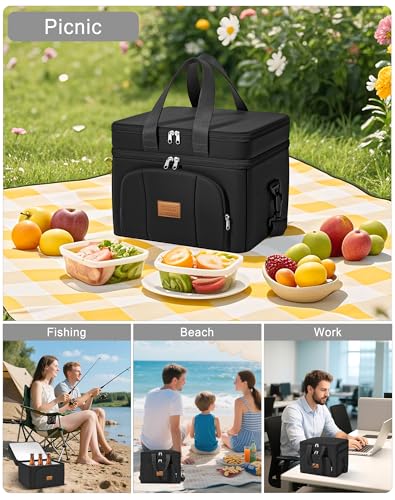 Rnivvi Lunch Box for Men, Double Decker Insulated Cooler Bag Lunch Bag Reusable Leakproof Tote Lunch Container with Strap for Work Family Picnic Hiking Camping, 18 Cans 12L, Large Adults, Black - color: Black