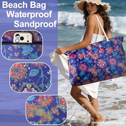 CaCTOUR Large Beach Bag Women,Beach Bags Waterproof Sandproof with Zipper Wet Pocket,Beach Tote Pool Bag for Swim Gym Travel - color: Flower/Butterfly