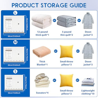 12 Combo Vacuum Storage Bags with Electric Pump (4 Large, 4medium, 4 Small) Travel Clothes Space Saver Bags, Compression Airtight Seal Bags for Clothing, Pillows, Comforters(12PCS with electric pump)