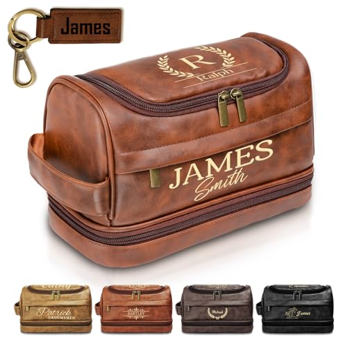 Personalized Toiletry Bag for Men, Custom Toiletry Bag Gifts for Men, Him, Birthday, Anniversary, Groomsmen, Dad, Husband, Boyfriend, Graduation, Leather Engraved Travel Cosmetic Shaving Hygiene Bag - color: Brown-1