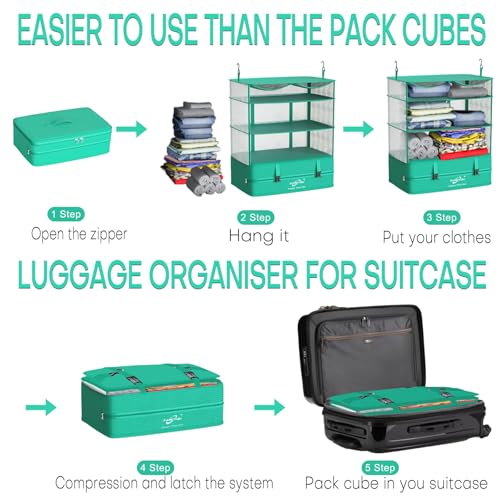 Compressible Packing Cubes Portable Hanging Closet Shelves 17"x12"x24" Extendable Travel Organizer Nylon Packing Bags for Suitcase - color: Green