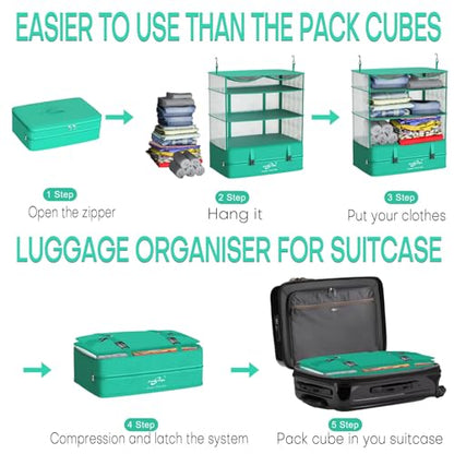 Compressible Packing Cubes Portable Hanging Closet Shelves 17"x12"x24" Extendable Travel Organizer Nylon Packing Bags for Suitcase - color: Green