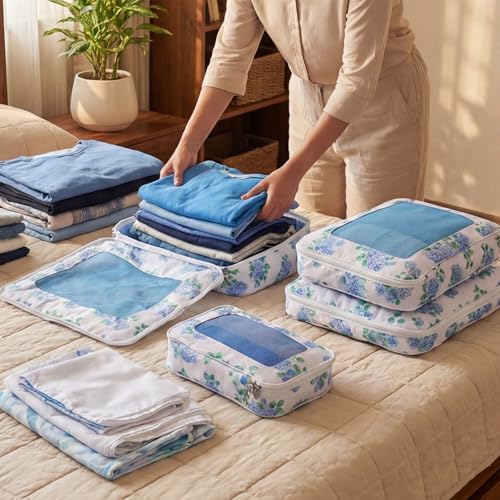 Shinylin 3 Pack Compression Packing Cubes for Travel 3 Size Clothing Bags with Mesh Window for Travel Home Underwear Clothes Accessories Organization Women (Blue Floral) - style: Blue Floral