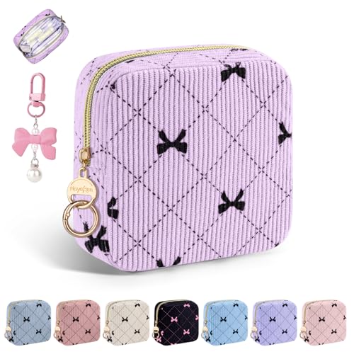 Period Bag for Teen Girls, Corduroy Cute Sanitary Napkin Storage Bag, Menstrual Pad Pouches Tampon Holder for Purse (Purple-Bow Tie) - color: Bow Tie-purple