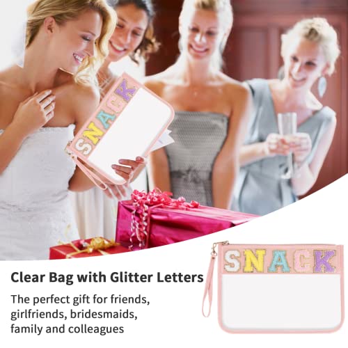 Iqimott Snack Bag Monogram Clear Letter Flat Pouch, Chenille Glitter Letter Patch Makeup Cosmetic Bag Zipper Toiletry Pouch, Portable Travel Beach Wristlet Bags for Women Girls(Snack, Pink) - color: Snack-Pink