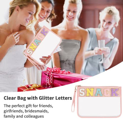 Iqimott Snack Bag Monogram Clear Letter Flat Pouch, Chenille Glitter Letter Patch Makeup Cosmetic Bag Zipper Toiletry Pouch, Portable Travel Beach Wristlet Bags for Women Girls(Snack, Pink) - color: Snack-Pink