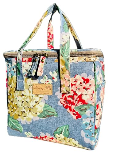 Kwang Min Floral Insulated Lunch Bag for Women,Reusable Lunch Box,Large Cooler for Office,Picnic Outdoors,Premium Quality Waterproof Fabric,Ideal Gift for Outdoors and work (Blue Hydrangea) - color: Blue Hydrangea