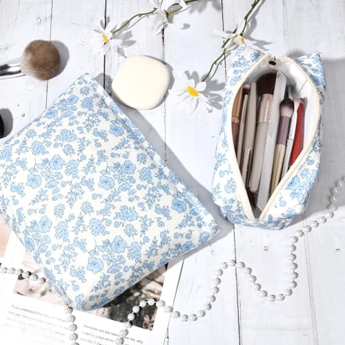 SOIDRAM 2 Pcs Makeup Bag Large Cosmetic Bag Toiletry Bag Makeup Pouch Travel Bag Organizer Cute Makeup Brushes Aesthetic Accessories Storage Bag for Women Blue Floral - color: Blue Floral