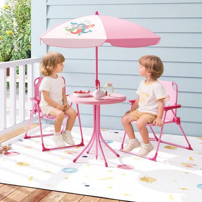 HONEY JOY Kids Picnic Table, Animal Themed Toddler Outdoor Table and Chair Set, 2 Folding Chairs & Removable Umbrella, Children Outdoor Furniture for Backyard Patio Garden (Pink Mermaid) - color: Pink Mermaid