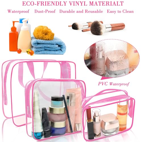 APREUTY Clear Makeup Bags, TSA Approved 6 Pcs Cosmetic Makeup Bags Set Clear PVC with Zipper Handle Portable Travel Luggage Pouch Airport Airline Vacation Organization (Rose Red) - color: Rose Red-6PCS(Large+Medium+Small)