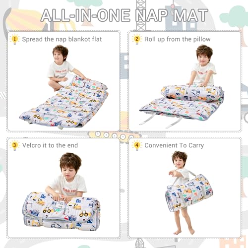 Lasoftan Toddler Nap Mat with Pillow and Blanket, Extra Large Rolled Napping Mats,Slumber Bags for Boys Girls,Kids Sleeping Bag for Daycare, Preschool Travel Camping - color: Truck