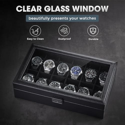 ProCase 12 Slot Watch Case Box for Men, PU leather Man Watch Organizer with Soft Pillow, Lockable Watch Collection Storage Holder with Glass Display Lid, Fathers Day Gift for Dad -AllBlack - color: AllBlack, size: 12-Slot