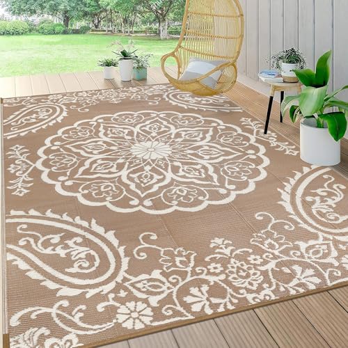 Pauwer Waterproof Outdoor Rug 5x8, Reversible Plastic Straw Patio Camping Rug, Indoor Outdoor RV Mat Carpet for Deck, Camper, Porch, Balcony, Backyard, Picnic, Boho Brown - color: Boho Brown, size: 5' x 8' (Rectangular)