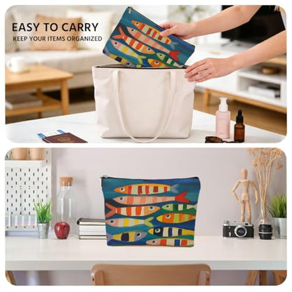 JIUWEIHU Fish Makeup Bag, Sea Animals Cosmetic Bags Travel Organizer Bag Zipper Pouch, Birthday Fishing Lovers Friendship Gifts for Women Friend Colleague Sister Niece Mom - color: Multicolor 0065