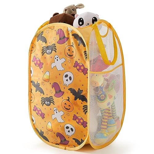 TECHMILLY Collapsible Mesh Pop Up Laundry Hamper with Sturdy Handles and Side Pocket - Portable Foldable Clothes Baskets for Dorm, Bathroom & Travel Storage (Halloween) - color: Halloween, size: 1 Pack