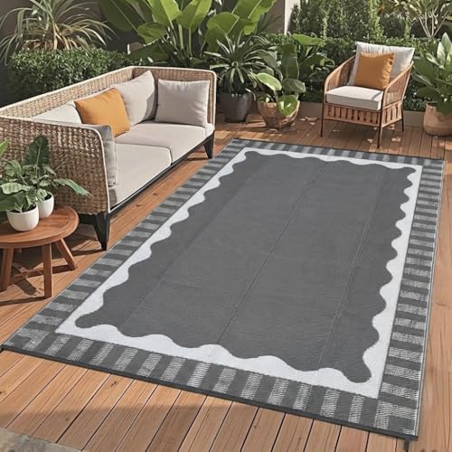 Garvee Large Scalloped Outdoor Rug 9x12 Patio Rugs Outdoor Waterproof, Reversible Plastic Straw Camping Rug, Modern Bordered Outside Mats for Picnic Backyard Deck Balcony Beach Trailer, Grey - color: Bordered|grey, size: 9' x 12' (Rectangular)