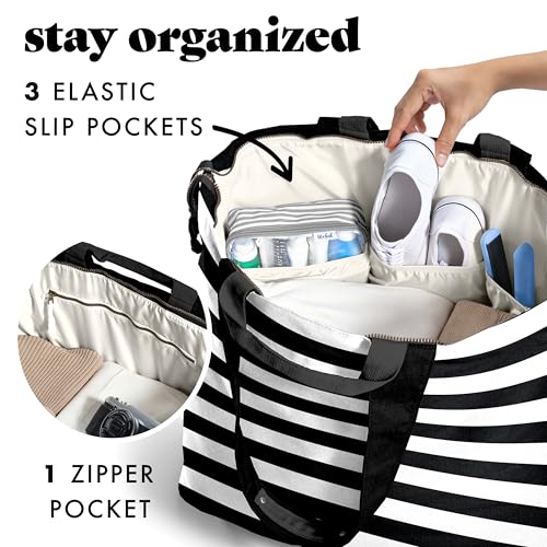 Fit & Fresh XL Beach Tote Bag for Women – XL Travel Tote with Zipper & Pockets, Oversized Canvas Pool Bag, Weekender Carry-On - color: Black & White Stripe