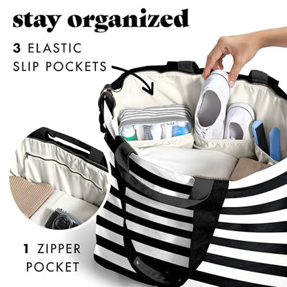 Fit & Fresh XL Beach Tote Bag for Women – XL Travel Tote with Zipper & Pockets, Oversized Canvas Pool Bag, Weekender Carry-On - color: Black & White Stripe