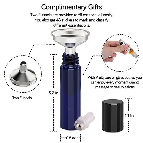 PrettyCare Roller Bottles For Oils 10 ml (Blue Glass, 24 Pack, 2 Extra Stainless Steel Balls, 2 droppers, 1 small brush, 24 Labels, 1 Opener, 1 Funnels Essential Oil Roller Bottles, Roller on Bottles - color: Blue with Black Cap, size: 24 Pack