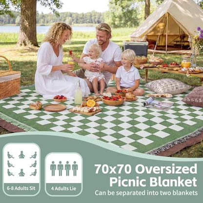 2 in 1 Extra Large Outdoor Rug Picnic Mat Woven Summer Throw Blanket Boho Giant Beach Travel Essential Yoga Accessories Park Patio Lawn Garden Grass Ground Play Music Festival Concert Must Have - color: Checkered Green