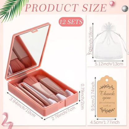 Funnymoom 12 Set Travel Makeup Brush Set Bulk with Mirror Mini Travel Makeup Brushes Thank You Cards and Organza Bag Bridesmaid Gift for Bachelorette Party Gift Wedding(Pink)