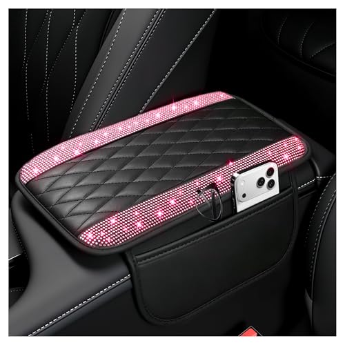 Stacool Upgraded Car Center Console Cover with Rhinestones,Microfiber Leather Car Armrest Cover Cushion with 2 Storage Bags,Universal Cars Armrest Storage Box as Cars Interior Accessories - color: Upgraded Diamond - Bling Red