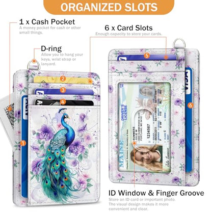 Yonlevres Credit Card Holder Slim Wallet, Peacock RFID Wallet Women Front Pocket Small Card Holder, Cute Travel Thin RFID Blocking Card Organizer Card Case ID Window PU Leather Girl Ladies - color: Peacock