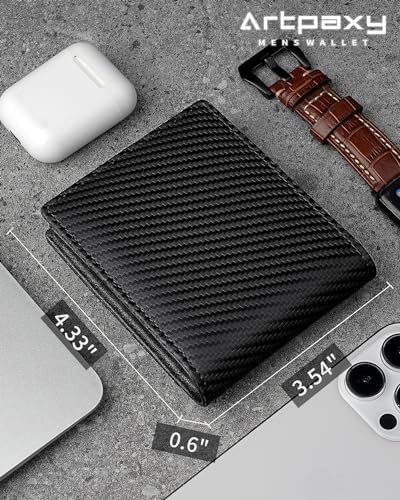 Artpaxy Mens Wallet Genuine Leather Bifold RFID Blocking Wallet for Men with 1 ID Window 13 Card Holders 2 cash pockets 1 Gift Box - color: Carbon Black