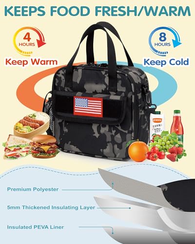 Tactical-style Lunch Bag 5L Kids Lunch Bag with Adjustable Shoulder Strap Easy to Clean Leakproof Wipeable liner Toddler Lunch Box Bag for Boys Girls School and Daycare - color: Black Camo