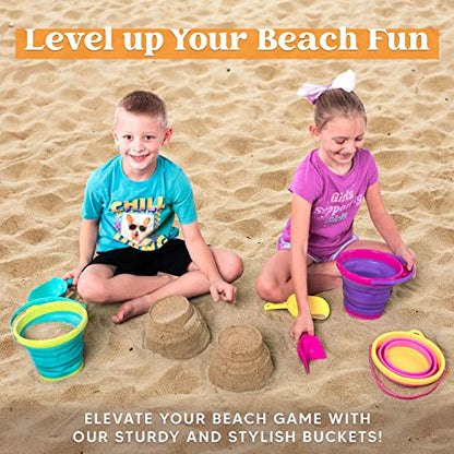 JOYIN Foldable Beach Bucket Set - 3 Packs Collapsible Toy Buckets with Shovels and Mesh Backpack for Kids Toddlers Party, Camping Gear, Travelling, Fishing Water Pail (Pink/Purple/Green) - color: Pink/Purple/Green