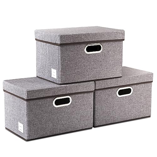 PRANDOM Foldable Storage Boxes with Lids [3-Pack] Linen Fabric Collapsible Storage Bins Organizer Containers Baskets Cube with Cover for Home Bedroom Closet Office Nursery (14.9x9.8x9.8) - color: Gray, size: M(3-Pack)