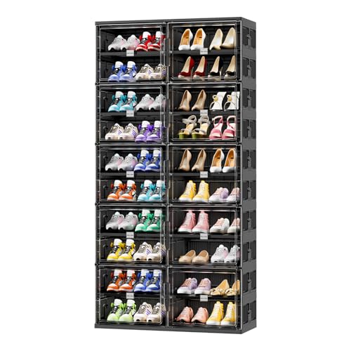 JEKO&JEKO 10 Tiers Foldable Shoe Rack Organizer Cabinet for Closet Entryway, Large Collapsible Shoe Storage Box with Magnetic Doors (Black) - color: Double-row, size: 10 Tiers