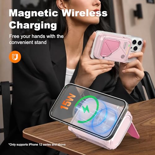 P05 Portable Charger, Magnetic Power Bank, Small Wireless PowerBank,Emergency Battery Pack 10000mAh Travel Essentials Fast Charging with Built in Cable, Wall Plug for iPhone,Samsung,Andriod (Pink) - color: Pink