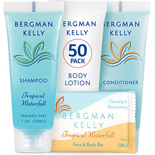 BERGMAN KELLY Hotel Toiletries Bundle (Tropical Waterfall, 1 oz each, 200 Pieces) 4-Piece Set: 50 Rectangular Bar Soap, 50 Shampoo, 50 Conditioner & 50 Body Lotion - Bulk Mini Guest Amenities - size: 1 Fl Oz (Pack of 50)
