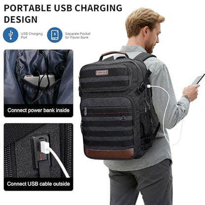 WITZMAN Canvas Travel Backpack for Men Multiple Pockets Fit 16 inch Laptop Backpack Carry-on Airline Approved(A8025 Black) - color: Black