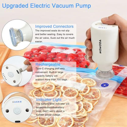 MOMODA Sous Vide Cooking Bags - Set of 30 | BPA-Free Reusable Vacuum Seal Bags with Air Valve for Joule and Anova Cookers | Freezer Safe Vacuum Food Storage Bags with Upgraded Electric Pump Included - color: Electric Pump-White