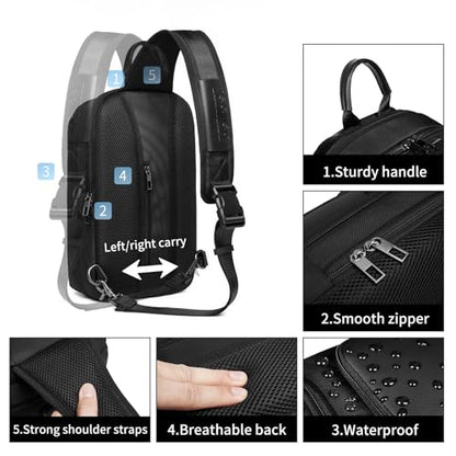 reeyee Anti-Theft Sling Bag with Lock, Waterproof Crossbody Backpack Fits 11 inch Tablet, Men's Shoulder Chest Bag - color: Black