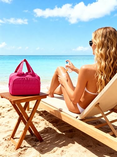 Travel Toiletry Bag for Women, Large Wide-open Puffy Cosmetic Makeup Bag with Wet-Dry Separation, Multi-Pocket Organizer with Carry Handle for Toiletries, Cosmetics, Essentials, Rose Red - color: Rose Red