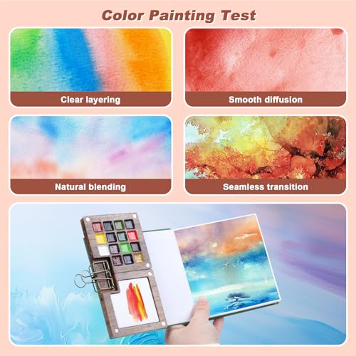 Mini Watercolor Paint Set, Portable Travel Art Kit with Wooden Palette, 15 Colors Pigments, Watercolor Pad, Water Brush Pens and Accessories for Artists - color: 15 Colors