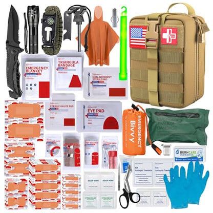 [Upgrade] Survival First Aid Kit Outdoor Molle System with Tactical Gear Set Trauma Kit for Camper Travel Hunting Hiking and Adventures - color: Tan
