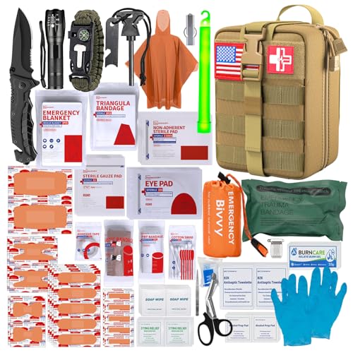 [Upgrade] Survival First Aid Kit Outdoor Molle System with Tactical Gear Set Trauma Kit for Camper Travel Hunting Hiking and Adventures - color: Tan