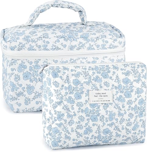 URSKYTOUS 2Pcs Cotton Quilted Makeup Bag for Women Extra Large Small Travel Cosmetic Bag Set Cute Blue Floral Print Makeup Pouch Portable Toiletry Bag Organizer Coquette Vintage Puffy Travel Essential - color: RH 2PCS White Blue