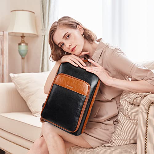 BOSTANTEN Leather Laptop Backpack for Women 15.6 inch Computer Bag Travel Work Daypack - color: 1-black＆brown