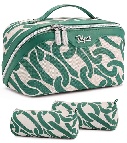 BOYATU Travel Makeup Bag for Women: Large Capacity 3-Piece Cosmetic & Toiletry Organizer - Expands Storage by 50% with 2 Detachable Pouches,Opens Flat for Easy Packing,Waterproof PU Leather(Green) - color: A-4-Green