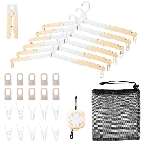 6 Pack Fodable Travel Hangers with Clips & Adjustable Clothesline, Portable Collapsible Hangers with Storage Bag for Suitcase, Hotel, RV, Cruise Essentials Set (Beige) - color: Beige