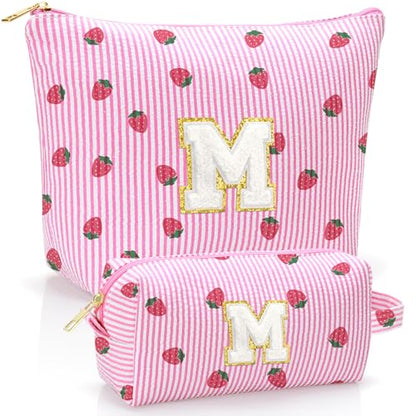 Personalized Initial Makeup Bag,Strawberry Print Preppy Cosmetic Toiletry Travel Bag,Trendy Letter Makeup Pouch for Teen Girls and Women,Holiday & Birthday Gift,2 Pack (M, Pink Strawberry) - style: M